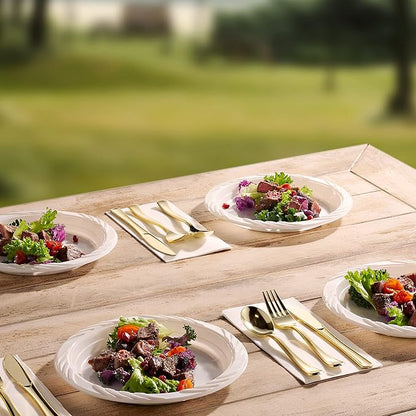 Munfix 100 Pack White Plastic Dinner Plates, 9 Inch Disposable Plates, Bulk Pack for Party, BBQ, Picnic, Parties, Travel and Events, Microwavable Recyclable