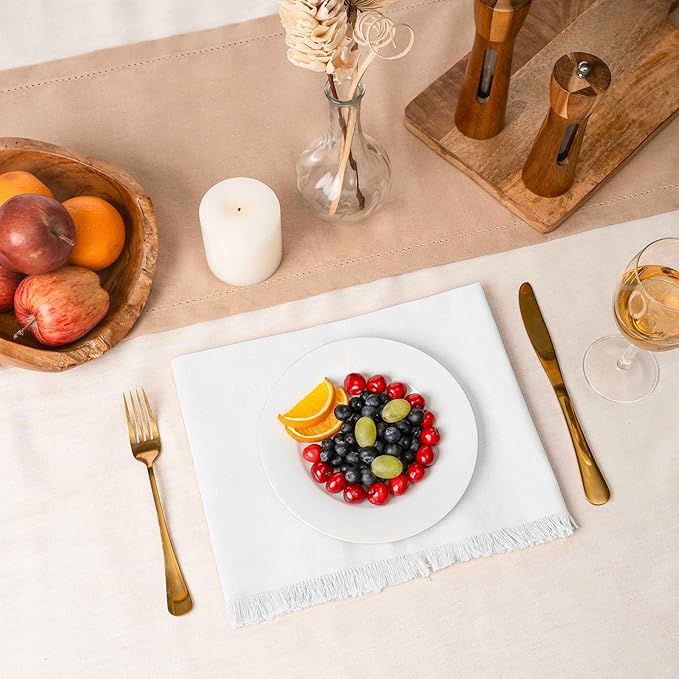 Blue Needles Handmade Cotton Linen Cloth Napkins with Fringes - Set of 6 Ivory Dinner Table Napkins 18x18 Inch Hemmed Edges Washable, Soft, Reusable, Perfect for Fall Thanksgiving & Family Dinner
