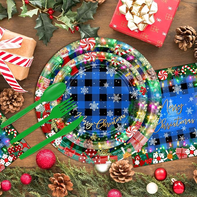 Avezano 192 Pcs Christmas Paper Plates and Napkins Merry Chirstmas Party Tableware Decorations Plaid Christmas Tree Disposable Dinnerware Set Serve 24 (Blue)