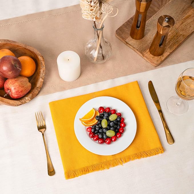 Blue Needles Handmade Cotton Linen Cloth Napkins with Fringes - Set of 6 Golden Yellow Dinner Table Napkins 18x18 Inch Hemmed Edges Washable Soft Reusable Perfect for Fall Thanksgiving & Family Dinner