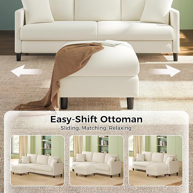 83" Couches for Living Room, Comfy Sofas for Living Room with Storage Ottomans, Teddy Sofa Couch, Tool-Free Loveseat Sofa, All-Wood Love Seat Couches, U Shaped Couch 2 Pillow Included, Beige