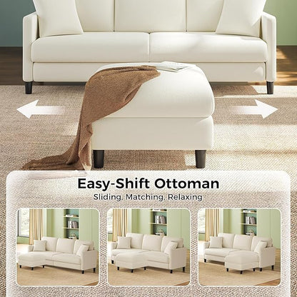 83" Couches for Living Room, Comfy Sofas for Living Room with Storage Ottomans, Teddy Sofa Couch, Tool-Free Loveseat Sofa, All-Wood Love Seat Couches, U Shaped Couch 2 Pillow Included, Beige