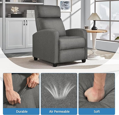 Yaheetech Fabric Recliner Chair Sofa Ergonomic Adjustable Single Sofa with Thicker Seat Cushion Modern Home Theater Seating for Living Room Matte Grey