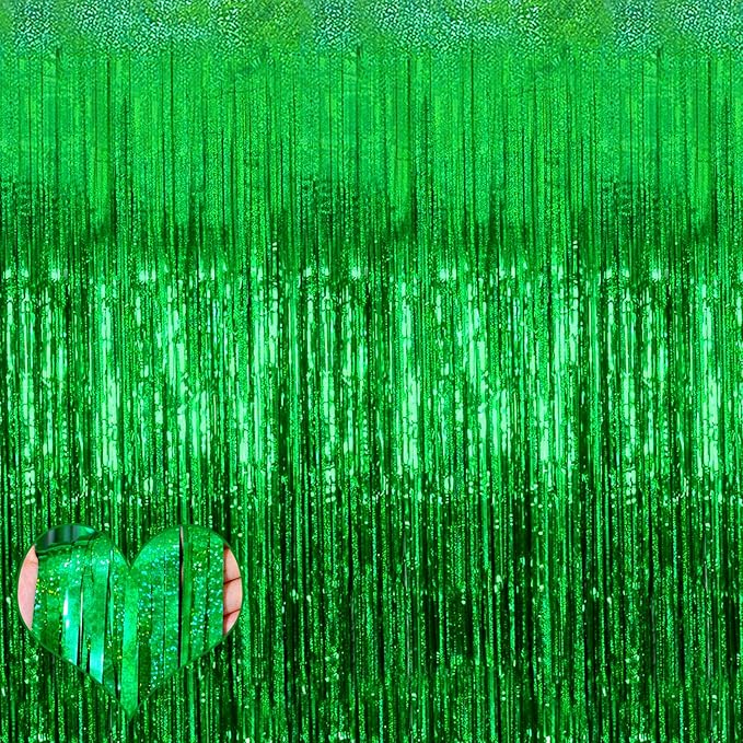 4 Pack Green Fringe Curtain Backdrop, 3.2Ft x 8.2Ft Sparkle Metallic Tinsel Foil Fringe Streamers Background for Photo Booth Birthday Wedding Baby Shower Party Thanksgiving Christmas Decorations