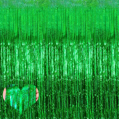4 Pack Green Fringe Curtain Backdrop, 3.2Ft x 8.2Ft Sparkle Metallic Tinsel Foil Fringe Streamers Background for Photo Booth Birthday Wedding Baby Shower Party Thanksgiving Christmas Decorations