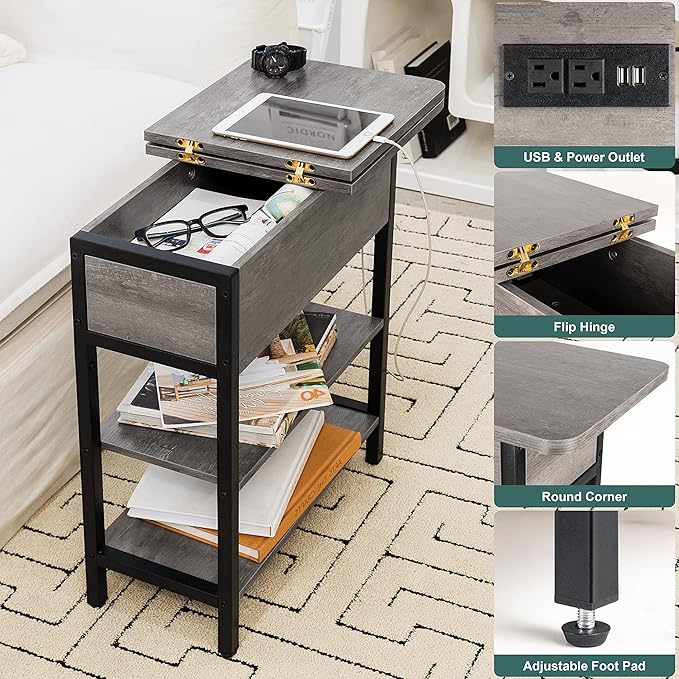 Yoobure End Table with Charging Station, Flip Top Side Table with USB Ports and Outlets, Sofa Couch Table Bedside Table for Living Room Bedroom, Narrow Nightstand with Shelves for Small Space Gray