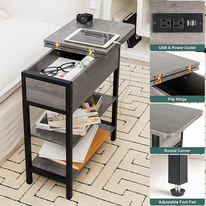 Yoobure End Table with Charging Station, Flip Top Side Table with USB Ports and Outlets, Sofa Couch Table Bedside Table for Living Room Bedroom, Narrow Nightstand with Shelves for Small Space Gray