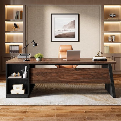 Tribesigns 78" L Shaped Executive Desk, Large Office Desk with Drawers and Storage Shelves, Modern Corner Computer Table Business Furniture for Home Office (Walnut & Brown)