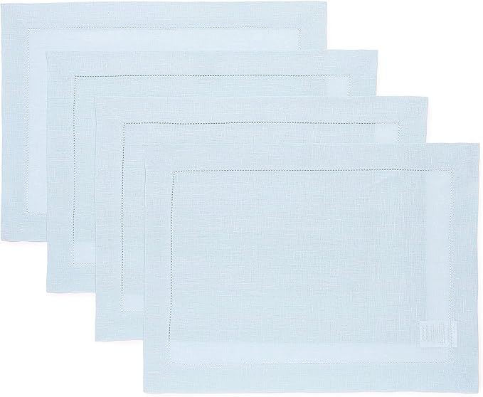 Solino Home Linen Placemats Set of 4 - Classic Hemstitch Light Blue Placemats 14 x 19 Inch - 100% Pure Linen Table Mats for Christmas, Winter, New Year