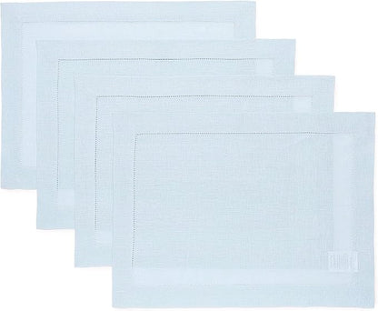 Solino Home Linen Placemats Set of 4 - Classic Hemstitch Light Blue Placemats 14 x 19 Inch - 100% Pure Linen Table Mats for Christmas, Winter, New Year