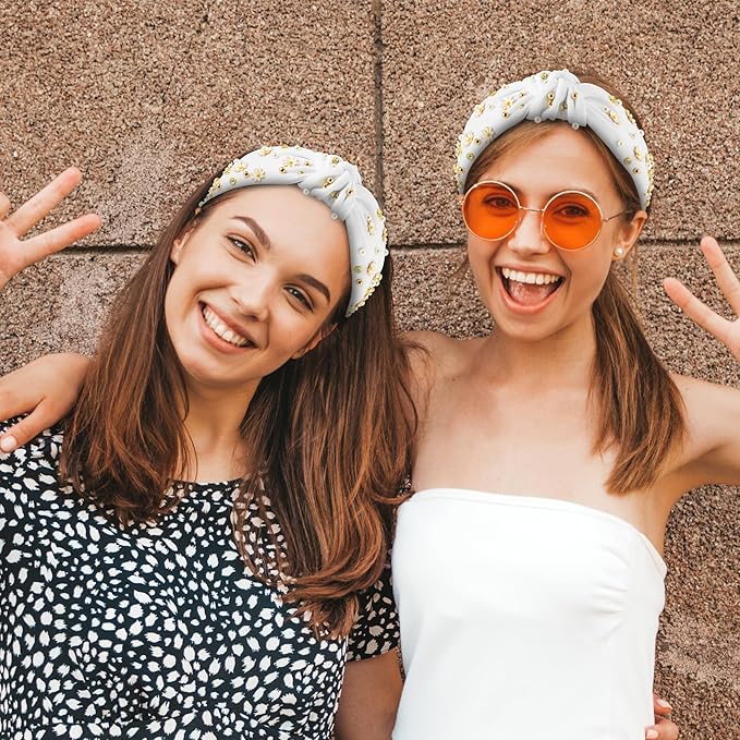 PANTIDE Daisy Jeweled Knotted Headband - Rhinestone Crystal Beads Embellished Headband Wide Top Knot Fashion Hairband Hair Accessories Spring Summer Birthday Holiday Gift for Women Girls (White)