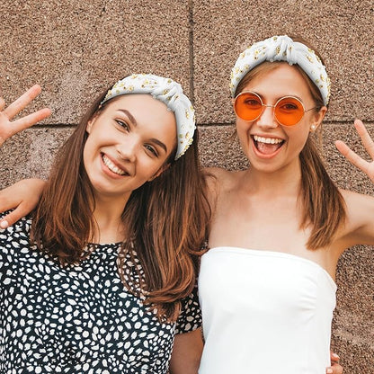 PANTIDE Daisy Jeweled Knotted Headband - Rhinestone Crystal Beads Embellished Headband Wide Top Knot Fashion Hairband Hair Accessories Spring Summer Birthday Holiday Gift for Women Girls (White)