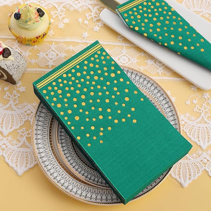 100 Pcs Green Paper Napkins Gold Dot Party Napkins Disposable Green Dinner Napkins for Birthday Bathroom Wedding Christmas Holidays Party Supplies