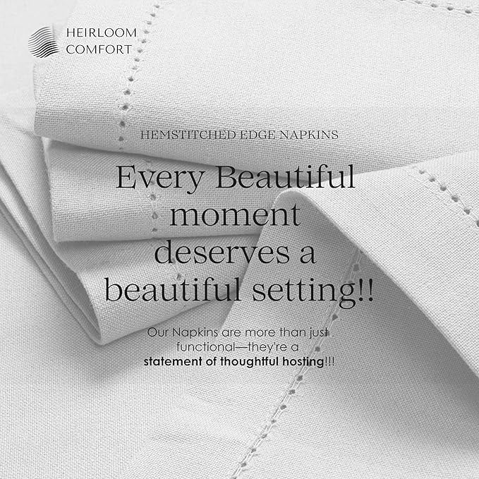 White Cloth Napkins 18x18 Inches, Set of 6-100% Cotton, Soft, Absorbent, Reusable, Washable - Elegant Hemstitch Mitered Edges - Ideal for Weddings, Baby Showers, Holiday Gatherings