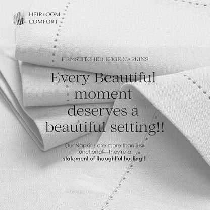 White Cloth Napkins 18x18 Inches, Set of 6-100% Cotton, Soft, Absorbent, Reusable, Washable - Elegant Hemstitch Mitered Edges - Ideal for Weddings, Baby Showers, Holiday Gatherings