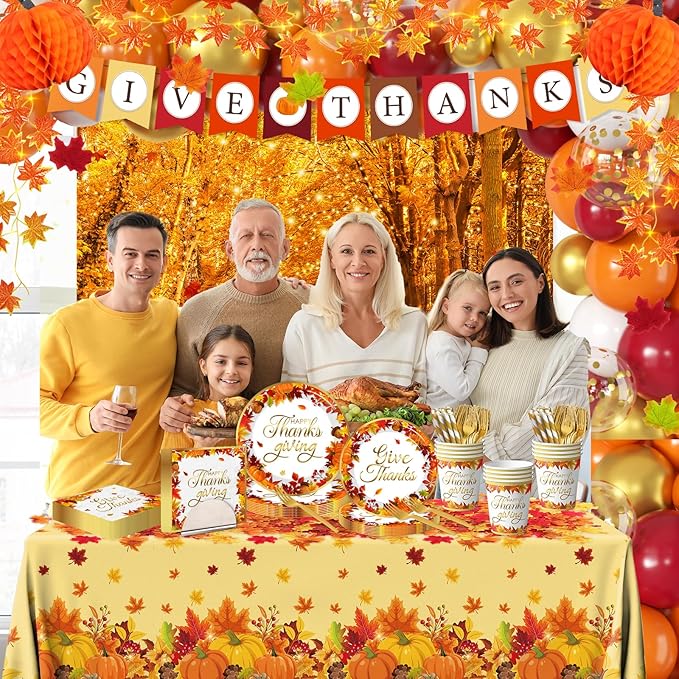 Thanksgiving Decorations,247pcs Fall Themed Give Thanks Decorations Thanks Giving Decorations Party Plates Napkins Cups Tablecloth Balloons for Thanksgiving Party Decorations,Serve 24