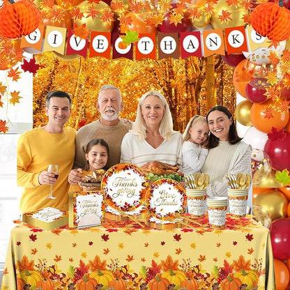 Thanksgiving Decorations,247pcs Fall Themed Give Thanks Decorations Thanks Giving Decorations Party Plates Napkins Cups Tablecloth Balloons for Thanksgiving Party Decorations,Serve 24