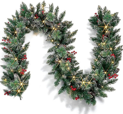 Christmas Garland with Lights, Battery Powered 8 Lighting Modes, 9FT 50 LED Luminous Christmas Decorations Indoor Home Decor.
