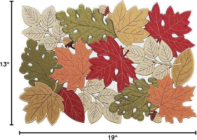 KEVA Fall Placemats Set of 4, 13inch x 19inch, Fall Decorations for Home Kitchen Dining Table, Thanksgiving Harvest Autumn Maple Leaves Embroidered Placemats