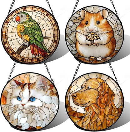 Stained Glass Window Hanging 4 Pcs Set Cute Cat and Dog 7.8" - Animal Suncatcher Door Garden Sun Catcher Decor Birthday Mother's Day for Mom Woman Nana Girl Boy Friend