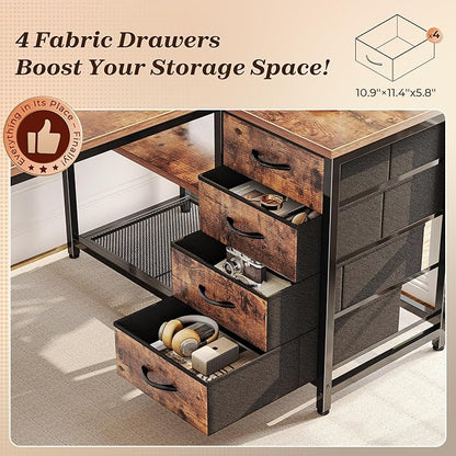 PRAISUN 43.3" Small Computer Desk with Power Outlets and USB-C Port, Reversible L Shaped Corner Office Desk with 4 Fabric Drawers and 2 Height-Adjustable Shelves, for Gaming Writing, Rustic Brown