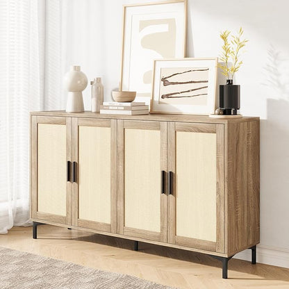 JASIWAY Buffet Cabinet with Storage, 48" Rattan Sideboard with Adjustable Shelves, Modern Coffee Bar Cabinet Console Table with Doors, Credenza for Kitchen, Living Room, Entryway, Dining Room, Wood