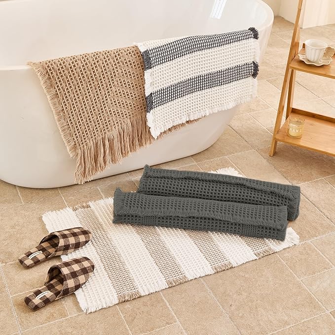 Waffle Bath Mat Non Slip, Boho Runner Rug, Super Absorbent Quick Dry Long Bath Runner Bathroom, Soft Farmhouse Bath Rug with Tassels, Washable Shower Mats for Floor 24"x48", Dark Grey