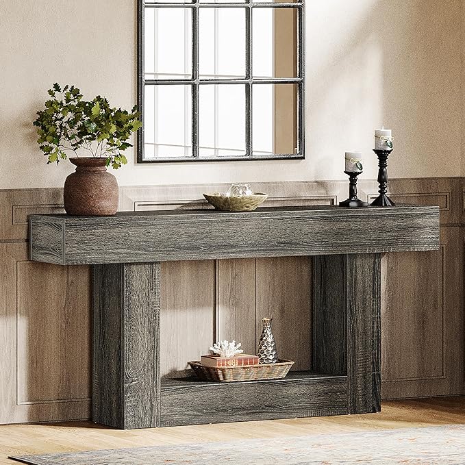 Tribesigns 63" Console Table, Farmhouse 2-Tier Entryway Table with U-Shaped Base, Narrow Long Wood Sofa Table Behind Couch Table for Living Room, Hallway, Foyer, Gray