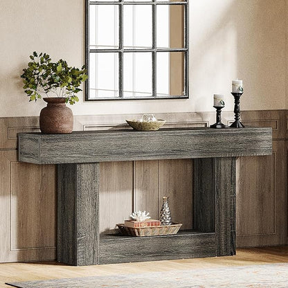 Tribesigns 63" Console Table, Farmhouse 2-Tier Entryway Table with U-Shaped Base, Narrow Long Wood Sofa Table Behind Couch Table for Living Room, Hallway, Foyer, Gray