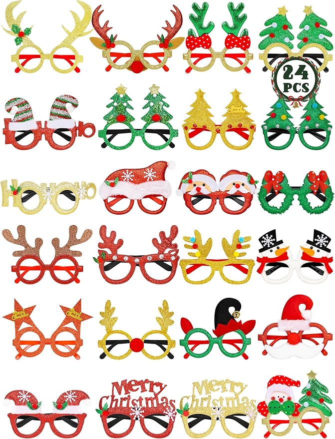 24PCS Christmas Glasses, Christmas Party Favors, Santa Glasses Frames for Xmas Decorations Accessories Supplies