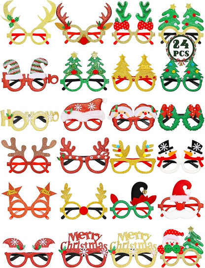 24PCS Christmas Glasses, Christmas Party Favors, Santa Glasses Frames for Xmas Decorations Accessories Supplies