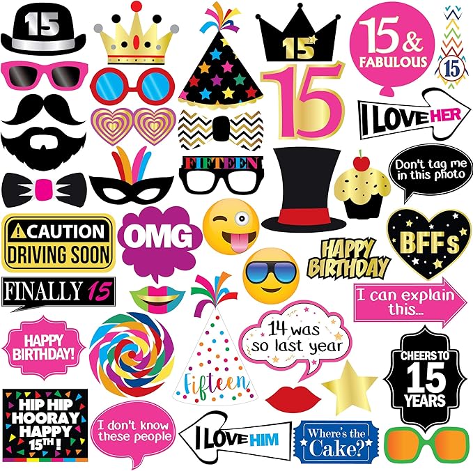 15th Birthday Photo Booth Party Props - 40 Pieces - Funny Kids Birthday Party Supplies, Decorations and Favors