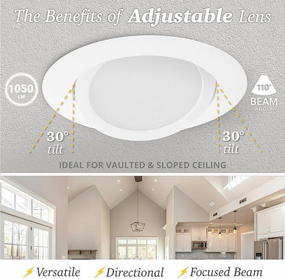 NUWATT 12 Pack 6 inch Gimbal LED Recessed Light Canless Wafer Lights, 5CCT 2700K/3000K/3500K/4000K/5000K, Dimmable 1050LM 12W, Adjustable LED Eyeball Light Angled Recessed Lighting, Metal Junction Box