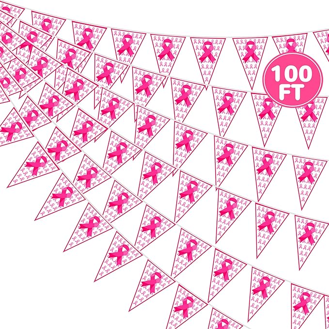 100 FT Breast Cancer Awareness Decorations, 3 Pack Pre-assemble Pink Ribbon Pennant Banner Flags, 60 PCS Plastic Pennants Flags Indoor Outdoor Party Supplies Home Office Ceiling Wall Hanging Decor