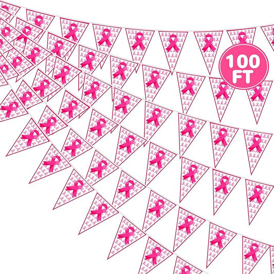 100 FT Breast Cancer Awareness Decorations, 3 Pack Pre-assemble Pink Ribbon Pennant Banner Flags, 60 PCS Plastic Pennants Flags Indoor Outdoor Party Supplies Home Office Ceiling Wall Hanging Decor
