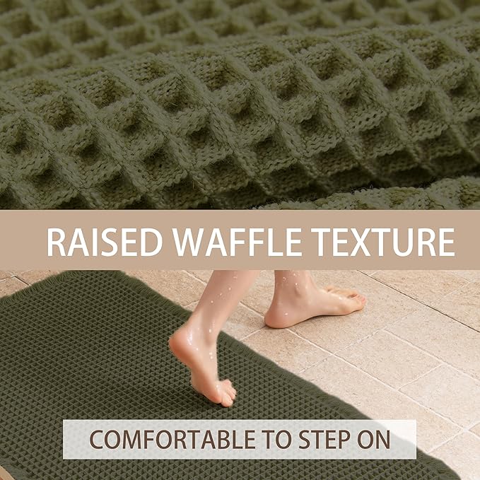 Waffle Bath Mat Non Slip, Boho Runner Rug, Super Absorbent Quick Dry Long Bath Runner Bathroom, Soft Farmhouse Bath Rug with Tassels, Washable Shower Mats for Floor 24"x48", Square Olive Green