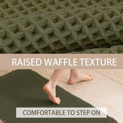 Waffle Bath Mat Non Slip, Boho Runner Rug, Super Absorbent Quick Dry Long Bath Runner Bathroom, Soft Farmhouse Bath Rug with Tassels, Washable Shower Mats for Floor 24"x48", Olive Green