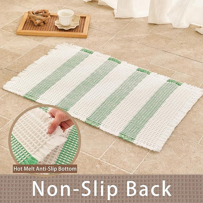 Waffle Bath Mat Non Slip, Boho Bathroom Rug, Super Absorbent Quick Dry Bathroom Mat, Soft Farmhouse Bath Rug with Tassels, Small Washable Shower Mats for Floor 20"x32", White and Green