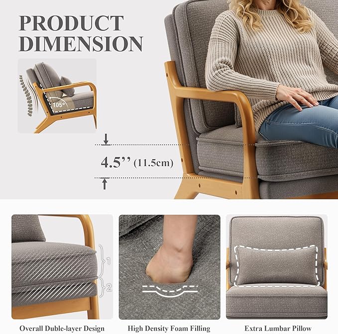 Accent Chair with Solid Wood Frame, Mid-Century Relaxing Armchair Lumbar Pillow& Soft Cushion, Reading Leisure Chair for Living Room, Bedroom, Waiting Room-Grey