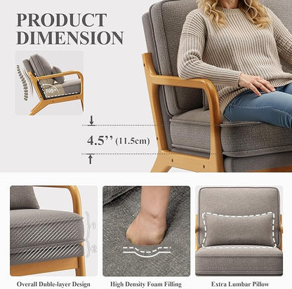 Accent Chair Set of 2 with Solid Wood Frame, Mid-Century Relaxing Armchair Lumbar Pillow& Soft Cushion, Reading Leisure Chair for Living Room, Bedroom, Waiting Room-Grey