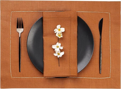 D'Moksha Homes Rust Linen Placemats Set of 4 - Classic Hemstitch Placemats 14 x 19 Inch - 100% Pure Linen Table Mats for Winter, Christmas, Holiday - Handcrafted and Machine Washable