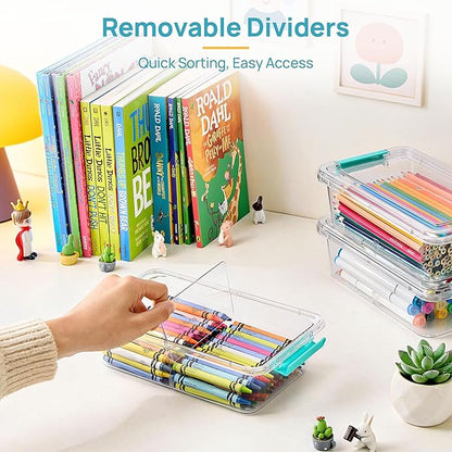 Vtopmart 8 Pack 1.5Qt Clear Pencil Box with Removable Divider, Plastic Pencil Case Crayon Box, Stackable Storage Containers with Lid for Pen, Art Craft, Back to School Teacher Supplies