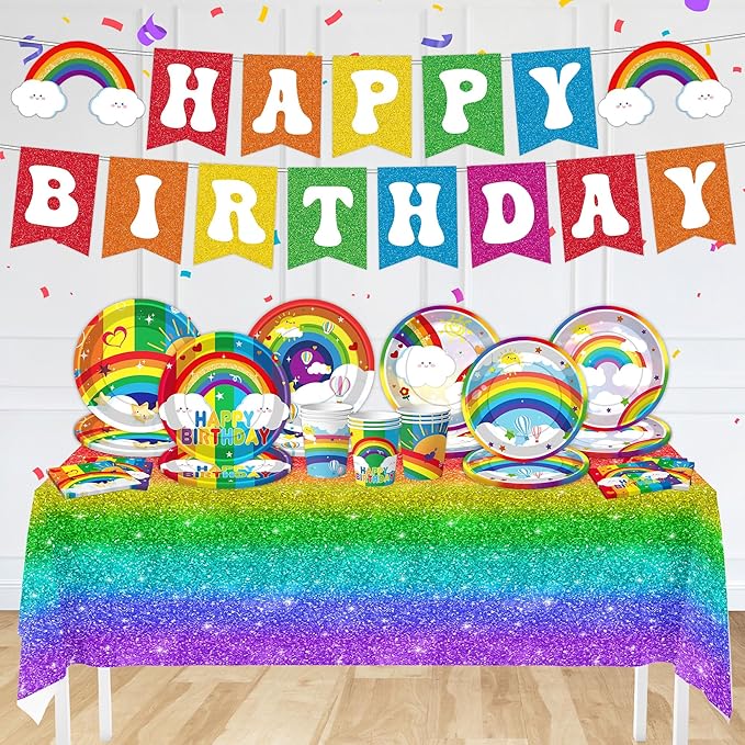 Rainbow Birthday Party Supplies Rainbow Theme Party Decorations for Boy, Include Tablecloth Banner Plate Napkin Cups
