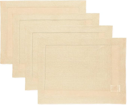 Solino Home Linen Placemats Set of 4 - Classic Hemstitch Beige Placemats 14 x 19 Inch - 100% Pure Linen Table Mats for Fall, Autumn, Christmas, New Year
