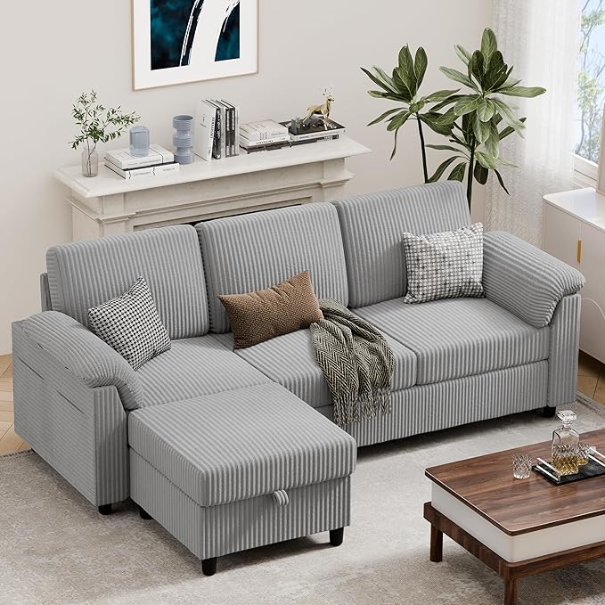 Vongrasig 79" Convertible Sectional Couch Sofa with Storage Ottoman, 3 Seat L Shaped Couch with Side Storage Pockage, Small Couches for Living Room, Apartment and Small Space (Light Grey)