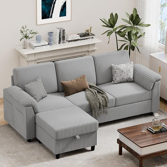 Vongrasig 79" Convertible Sectional Couch Sofa with Storage Ottoman, 3 Seat L Shaped Couch with Side Storage Pockage, Small Couches for Living Room, Apartment and Small Space (Light Grey)
