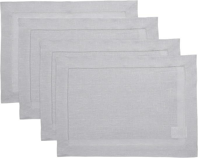 Solino Home Linen Placemats Set of 4 - Classic Hemstitch Soft Grey Placemats 14 x 19 Inch - 100% Pure Linen Table Mats for Fall, Autumn, Christmas, Winter, New Year