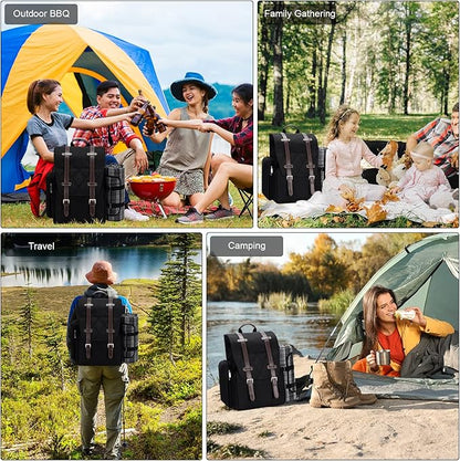 Picnic Backpack for 2 Person with Large Insulated Cooler Bag, Picnic Basket Set with Wine Pouch, Waterproof Picnic Blanket & Cutlery Set. Perfect for Camping, Party,Wedding Gift for Couple.2P-Black