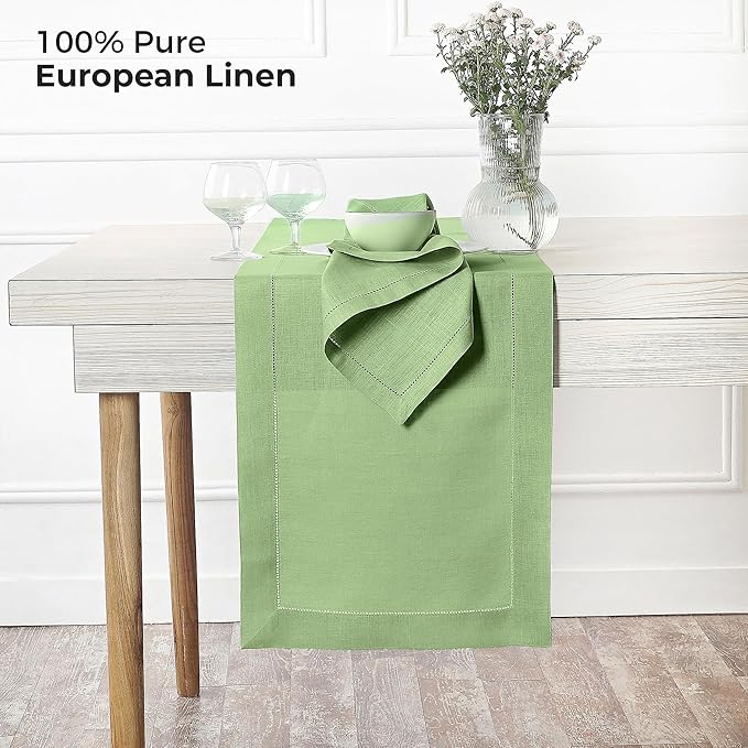 D'Moksha Homes Linen Sage Green Table Runner 132 Inches Long - 100% Pure Linen Extra Long Table Runner 14 x 132 Inch for Winter, Christmas, Holiday - Classic Hemstitch