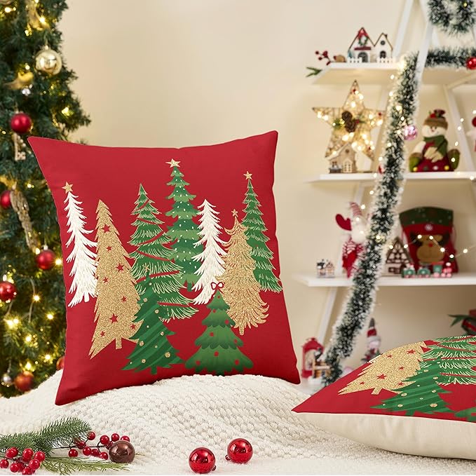 Christmas Pillow Covers 18x18 Inch Set of 2 Red Decorative Christmas Tree Throw Pillows Linen Winter Holiday Decor for Home Sofa Couch Bed Chair